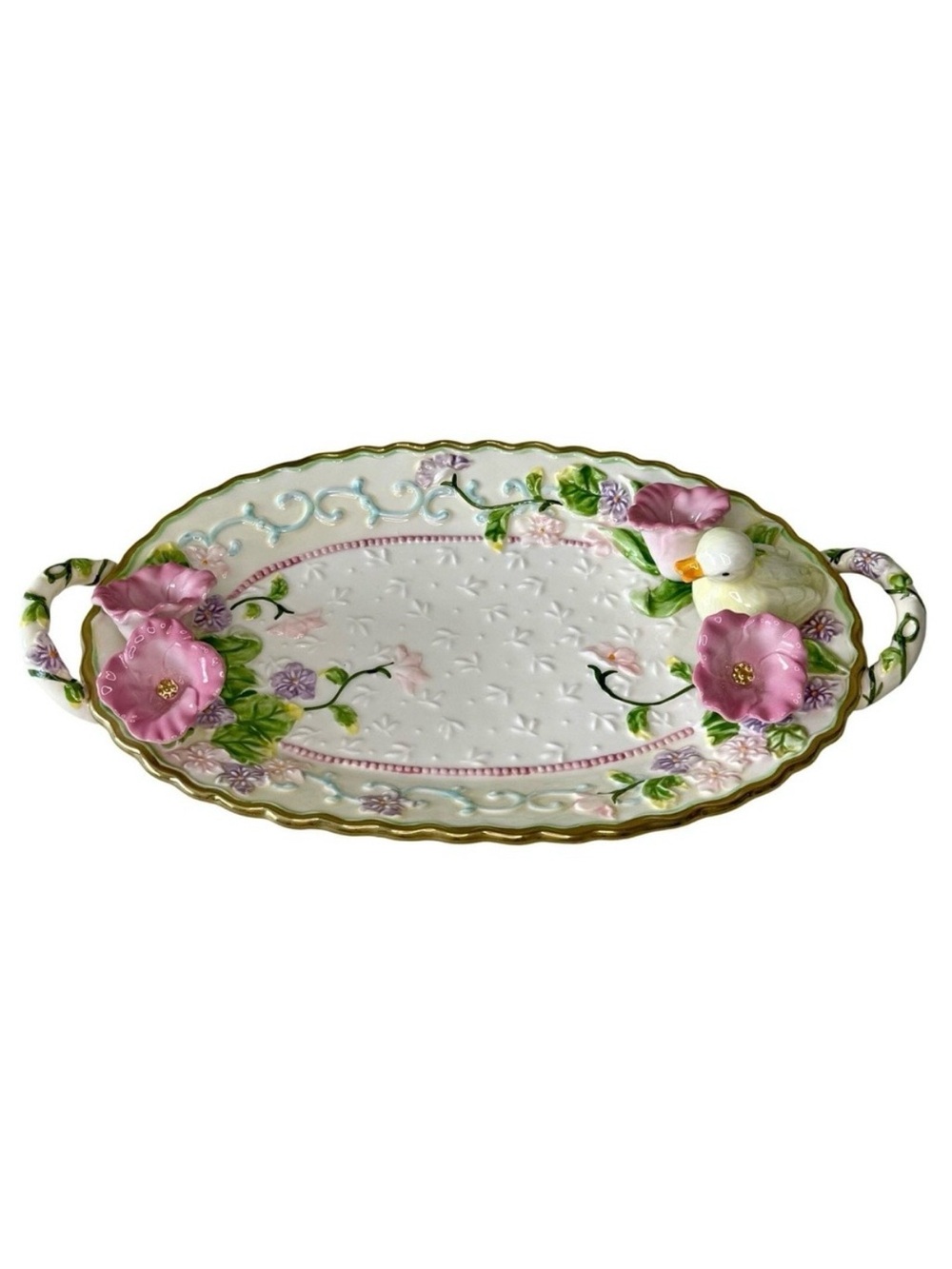 Avon Springtime Handled Platter Hand Painted Floral Ceramic Goose Geese Vintage